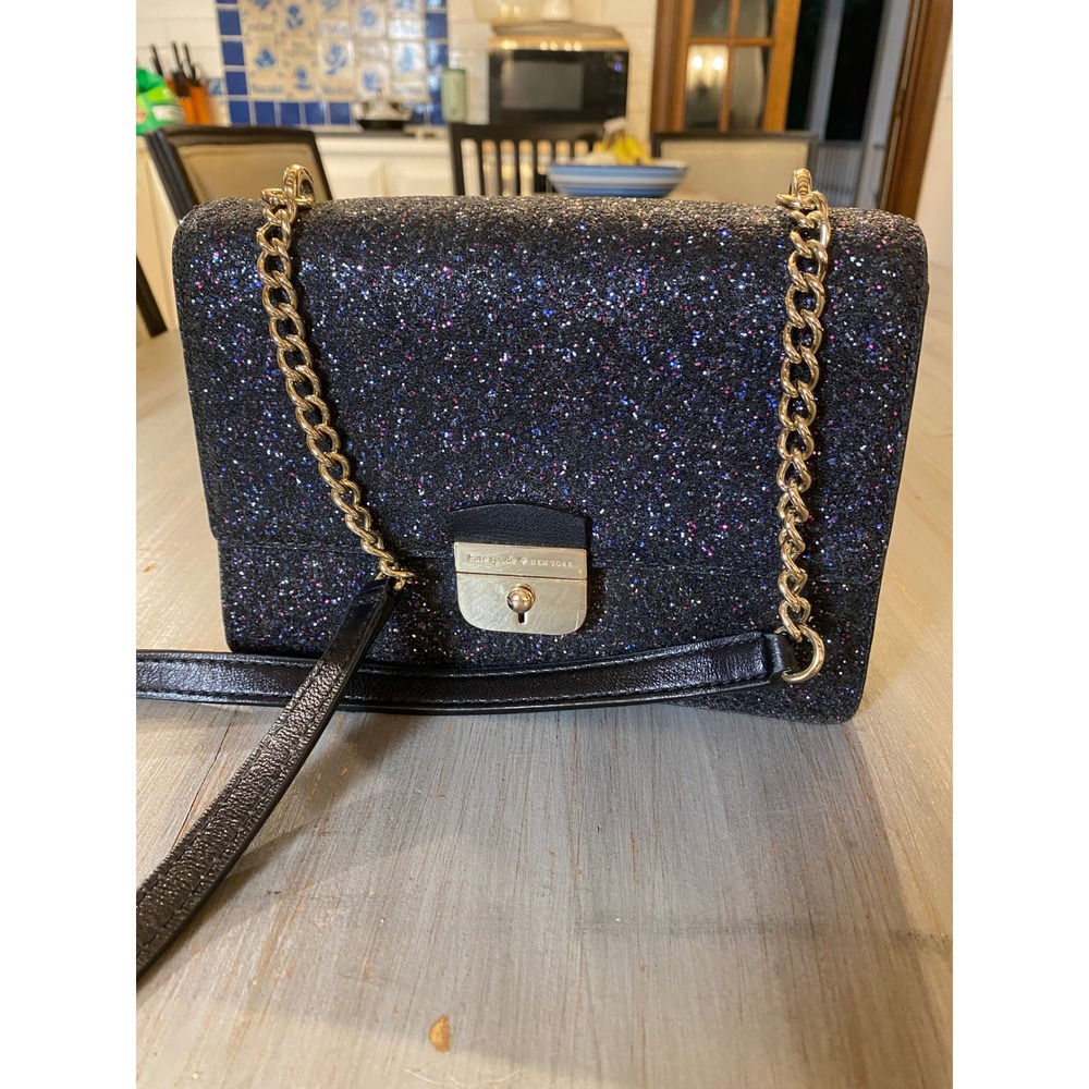 Kate Spade Black Multi Glitter Crossbody Bag Gold Chain Flap Push Lock Purse